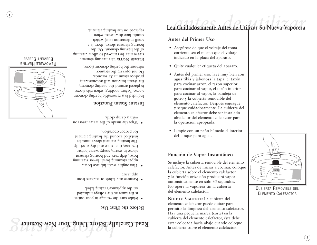 Before using, Antes de utilizar, Read carefully before using y our new steamer | Oster 5712 User Manual | Page 21 / 32