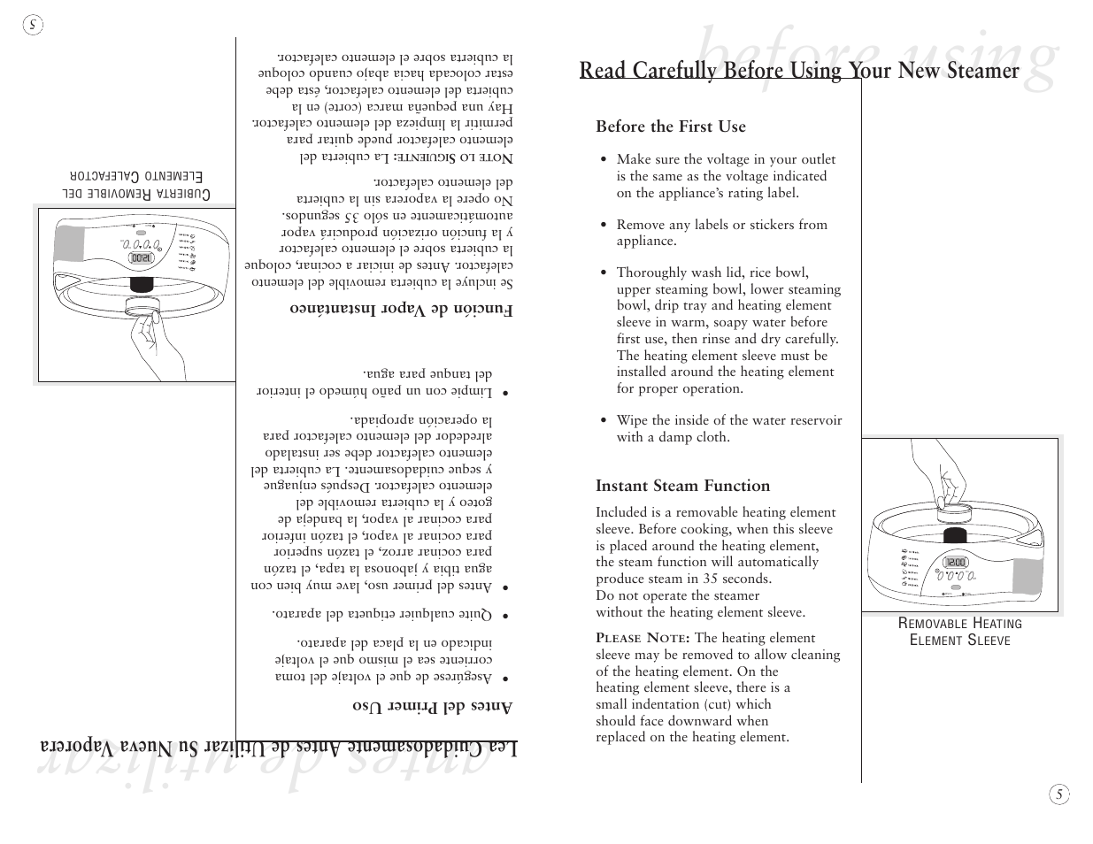 Before using, Antes de utilizar, Read carefully before using your new steamer | Oster 5712 User Manual | Page 5 / 32