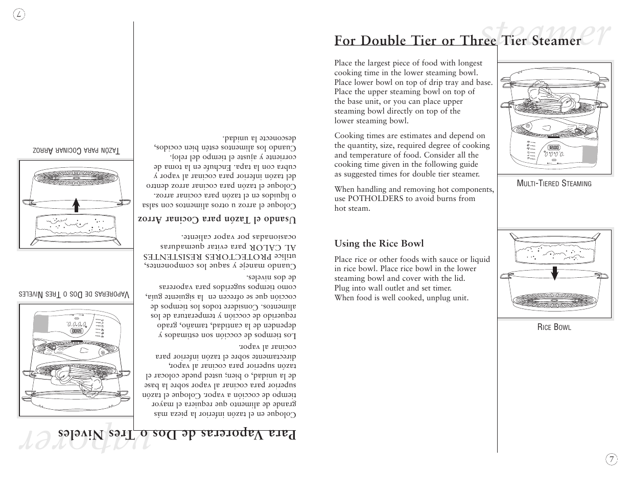 Steamer, Vaporer, For double tier or three tier steamer | Para vaporeras de dos o t res niveles | Oster 5712 User Manual | Page 7 / 32