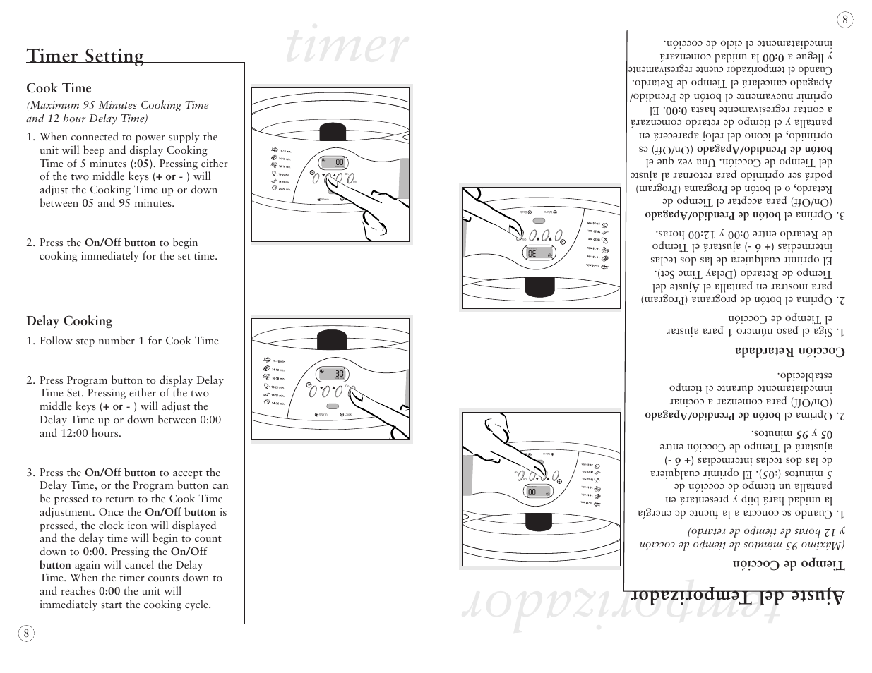 Timer, Temporizador, Timer setting | Ajuste del temporizador | Oster 5712 User Manual | Page 8 / 32