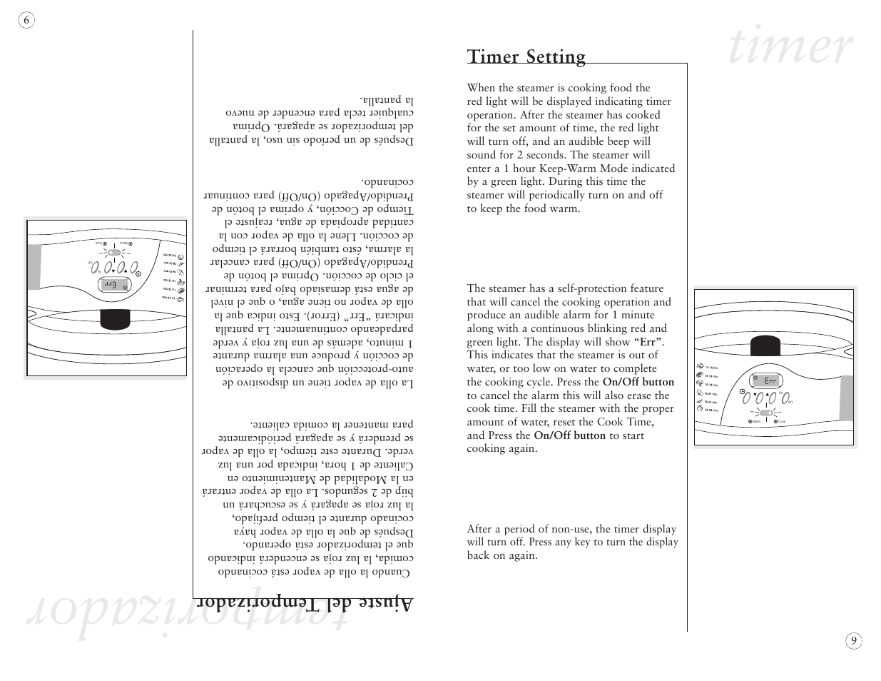 Timer, Temporizador, Timer setting | Ajuste del temporizador | Oster 5712 User Manual | Page 9 / 32