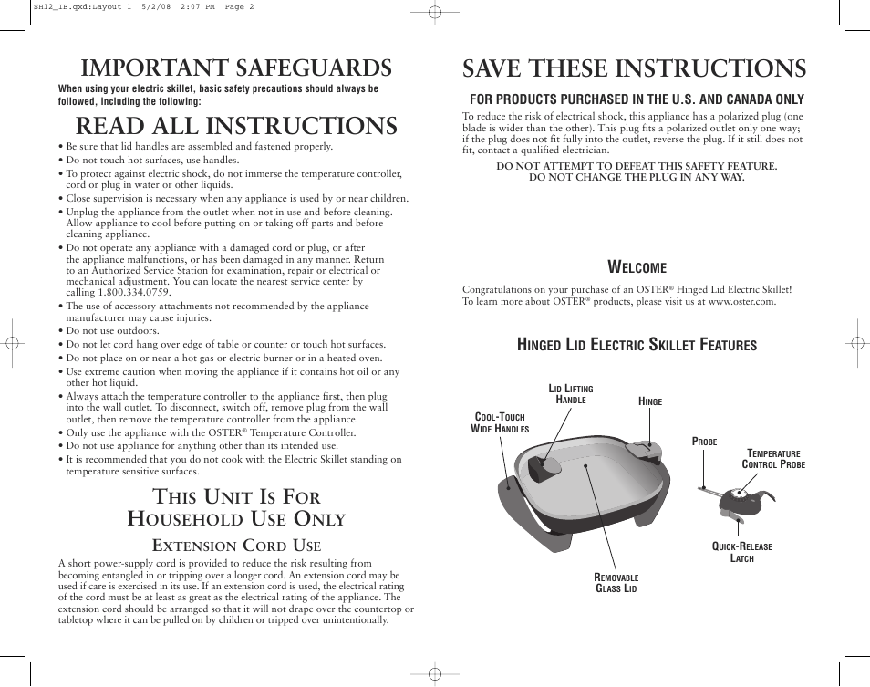 Read all instructions, Save these instructions, Important safeguards | Ousehold | Oster SH12 User Manual | Page 2 / 12
