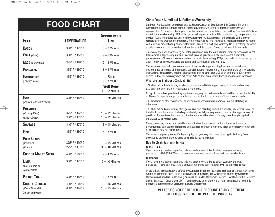 Food chart | Oster SH12 User Manual | Page 4 / 12