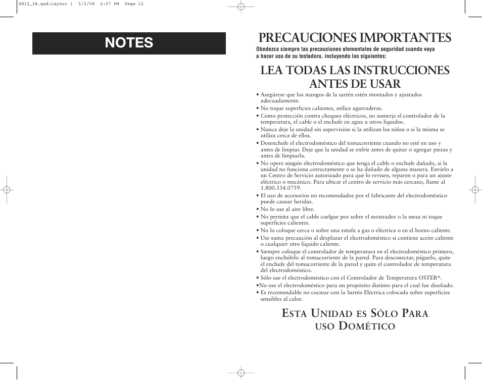 Precauciones importantes, Lea todas las instrucciones antes de usar | Oster SH12 User Manual | Page 7 / 12