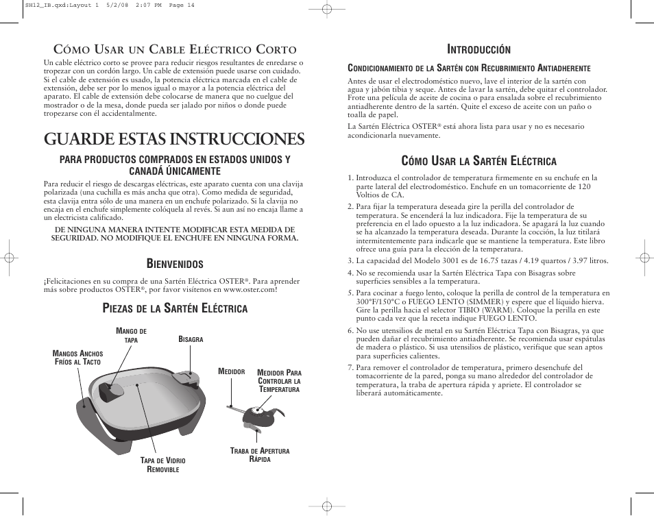 Guarde estas instrucciones | Oster SH12 User Manual | Page 8 / 12