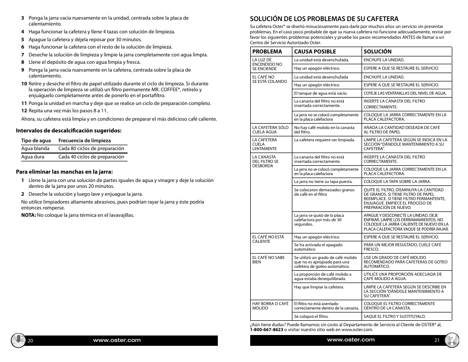 Solución de los problemas de su cafetera | Oster BVST-RDXSS43 User Manual | Page 11 / 12