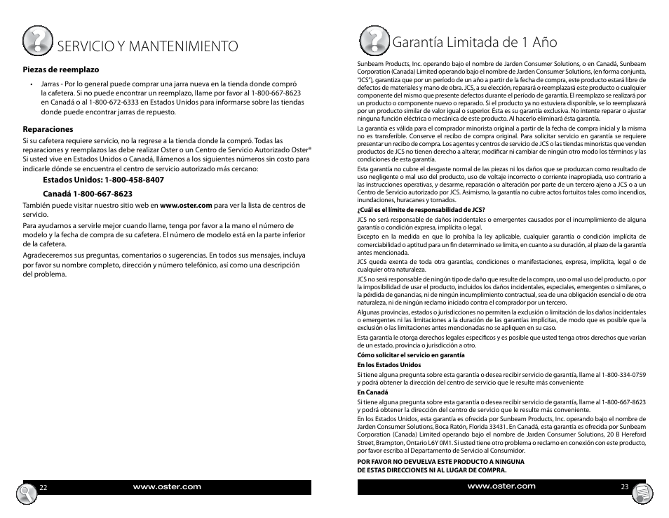 Garantía limitada de 1 año, Servicio y mantenimiento | Oster BVST-RDXSS43 User Manual | Page 12 / 12