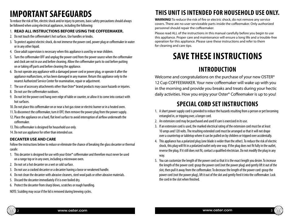 Important safeguards, Save these instructions, This unit is intended for household use only | Introduction, Special cord set instructions | Oster BVST-RDXSS43 User Manual | Page 2 / 12