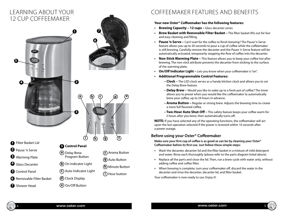 Learning about your 12 cup coffeemaker, Coffeemaker features and benefits | Oster BVST-RDXSS43 User Manual | Page 3 / 12