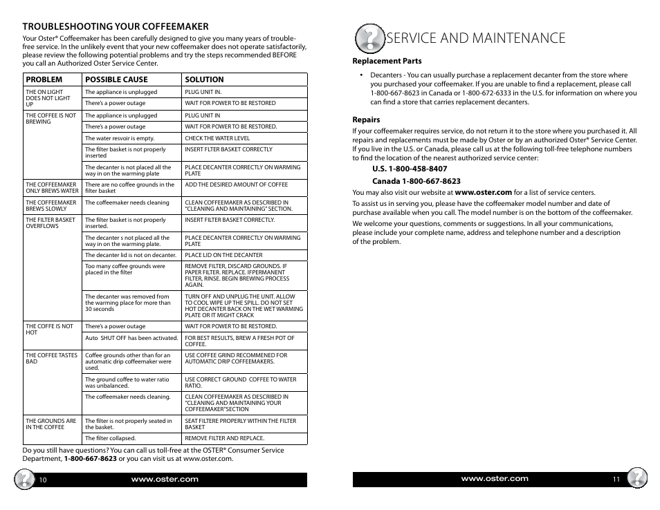 Service and maintenance, Troubleshooting your coffeemaker | Oster BVST-RDXSS43 User Manual | Page 6 / 12