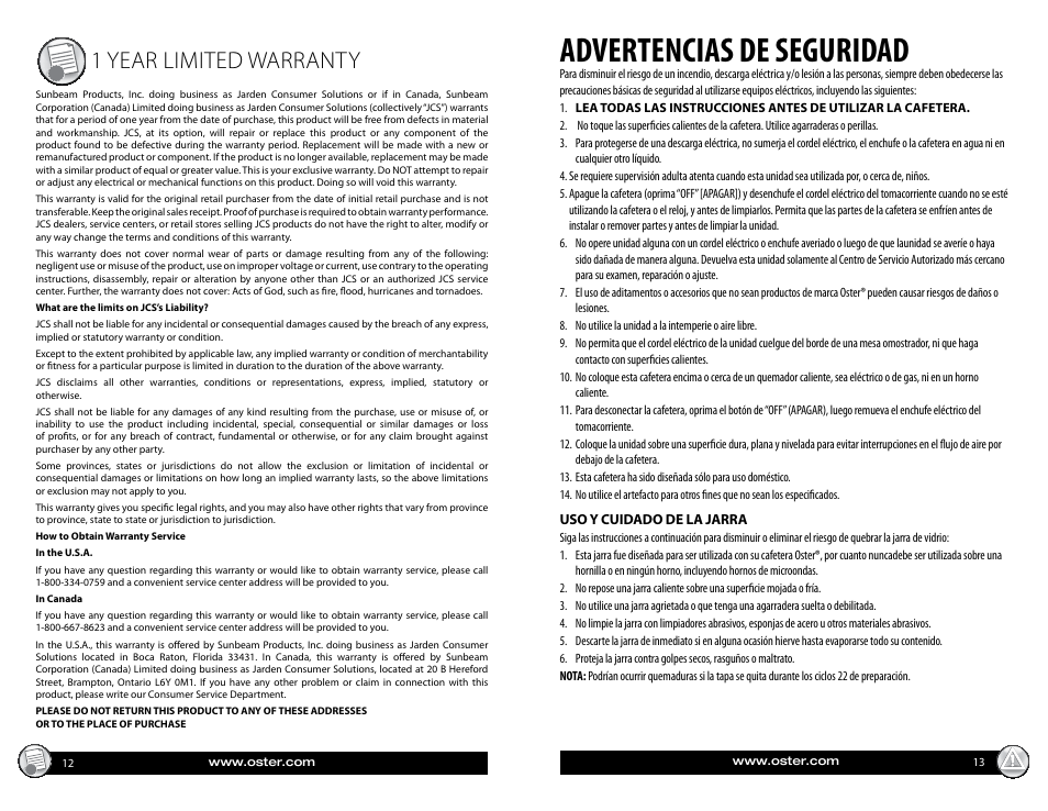 Advertencias de seguridad, 1 year limited warranty | Oster BVST-RDXSS43 User Manual | Page 7 / 12