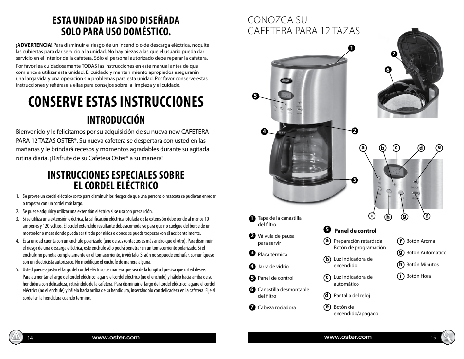Conserve estas instrucciones, Introducción, Instrucciones especiales sobre el cordel eléctrico | Conozca su cafetera para 12 tazas | Oster BVST-RDXSS43 User Manual | Page 8 / 12