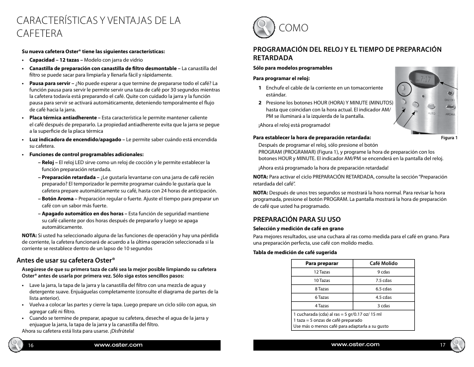 Características y ventajas de la cafetera, Como | Oster BVST-RDXSS43 User Manual | Page 9 / 12