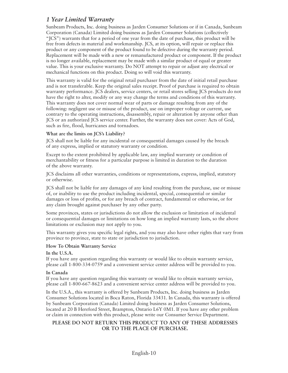 1 year limited warranty | Oster 135018 User Manual | Page 11 / 24