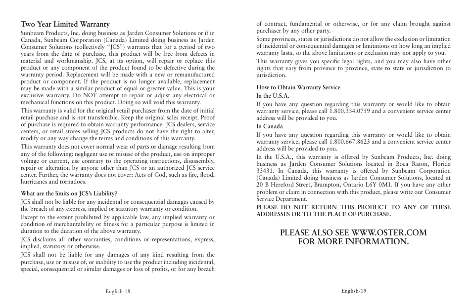Two year limited warranty | Oster BATIDORA FPSTSM5101 User Manual | Page 10 / 20