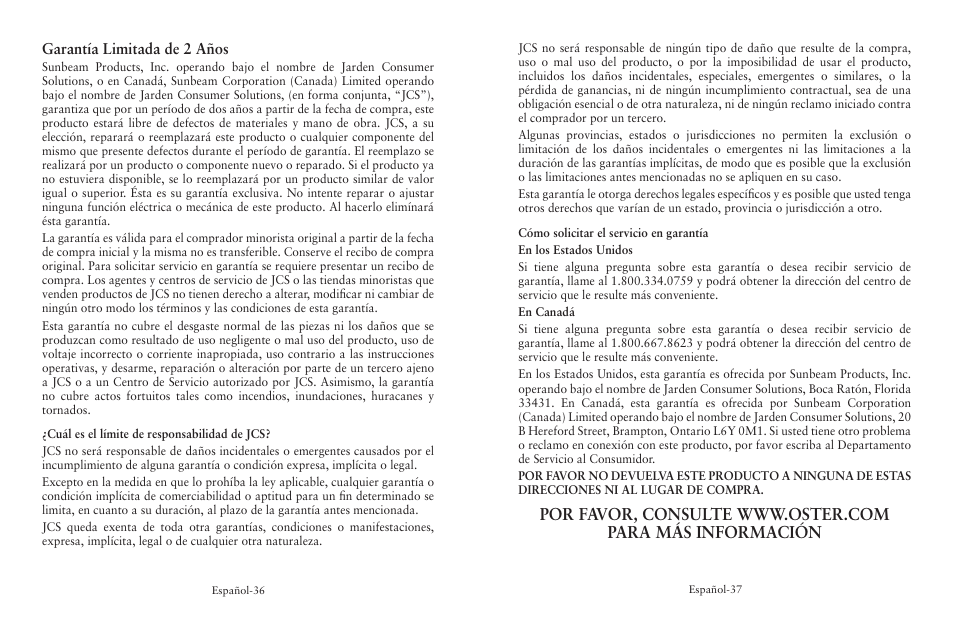 Garantía limitada de 2 años | Oster BATIDORA FPSTSM5101 User Manual | Page 19 / 20