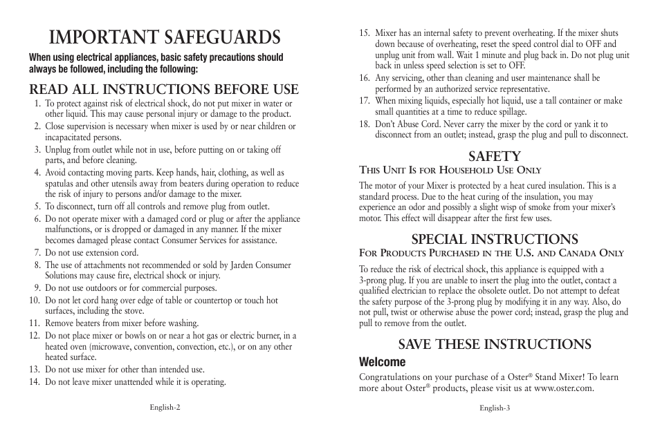 Important safeguards, Read all instructions before use, Safety | Special instructions, Save these instructions, Welcome | Oster BATIDORA FPSTSM5101 User Manual | Page 2 / 20