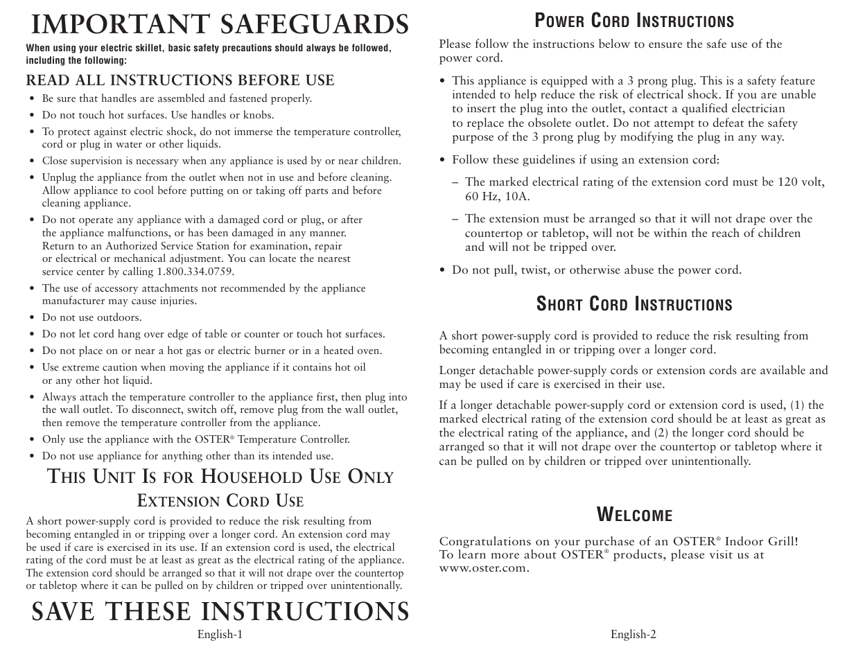 Important safeguards, Save these instructions | Oster 4770 User Manual | Page 2 / 4