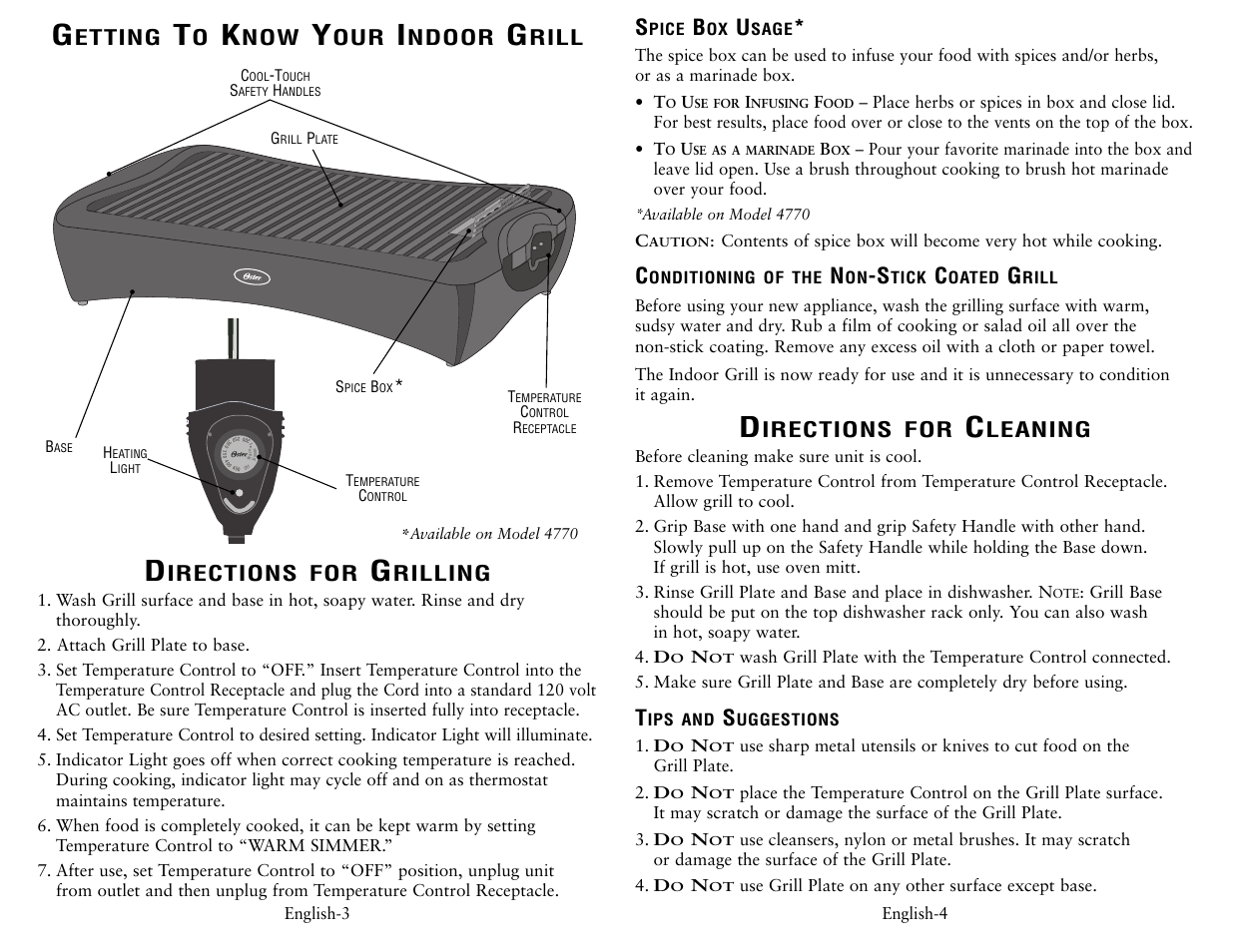 Irections for, Rilling, Leaning | Etting, Ndoor, Rill | Oster 4770 User Manual | Page 3 / 4