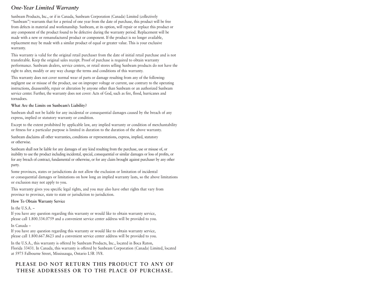 One-year limited warranty | Oster 4770 User Manual | Page 4 / 4