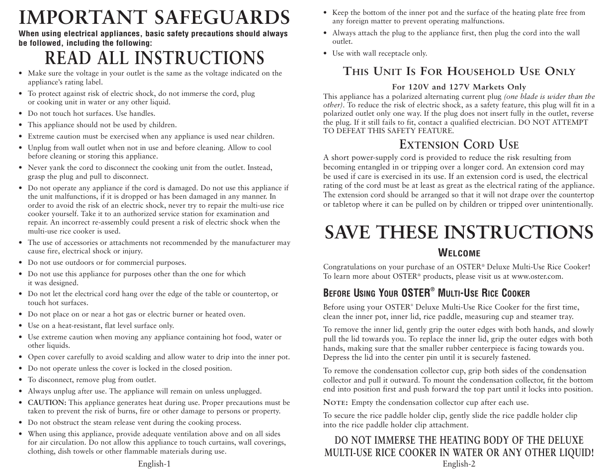 Important safeguards, Read all instructions, Save these instructions | Oster 4717 User Manual | Page 2 / 4
