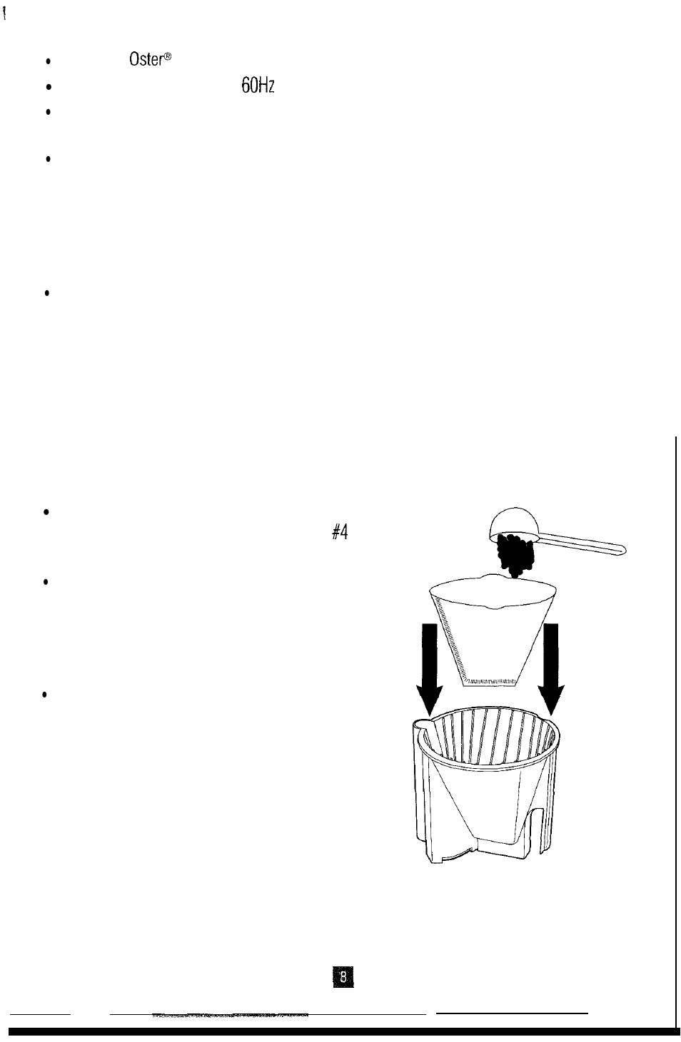 Preparing coffee maker for brewing coffee, Filling the water reservoir, Putting in the coffee | Oster 3264 User Manual | Page 9 / 48