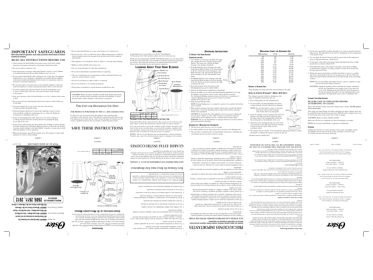 Precauciones importantes, Important safeguards, Save these instructions | Guarde estas instrucciones | Oster 2611 User Manual | Page 6 / 9
