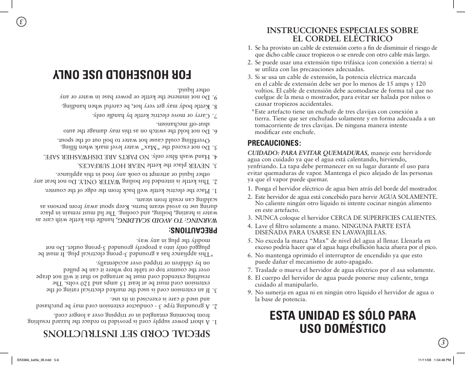 Esta unidad es sólo para uso doméstico, For household use only, Special cord set instructions | Instrucciones especiales sobre el cordel eléctrico | Oster 130415 User Manual | Page 3 / 8