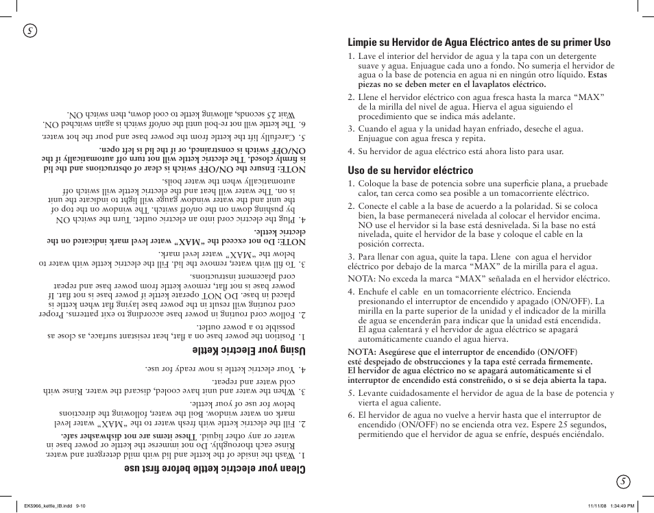 Uso de su hervidor eléctrico, Clean your electric kettle before first use, Using your electric kettle | Oster 130415 User Manual | Page 5 / 8