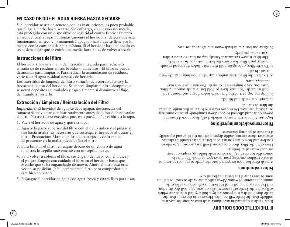 If the kettle does boil dry, Filter instructions, Filter removal/cleaning/refitting | En caso de que el agua hierba hasta secarse, Instrucciones del filtro, Extracción / limpieza / reinstalación del filtro | Oster 130415 User Manual | Page 6 / 8