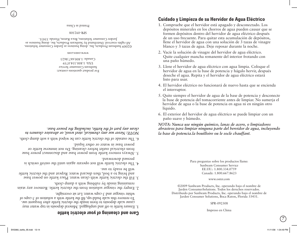 Care and cleaning of your electric kettle | Oster 130415 User Manual | Page 7 / 8