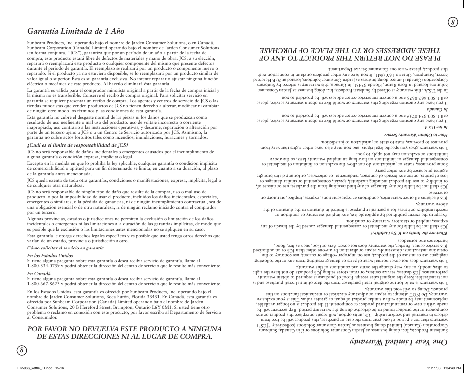 One year limited w arranty, Garantía limitada de 1 año | Oster 130415 User Manual | Page 8 / 8