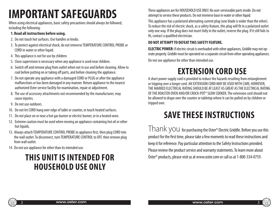 Important safeguards, Save these instructions, This unit is intended for household use only | Extension cord use | Oster Electric with Warming Tray 547045 User Manual | Page 2 / 10