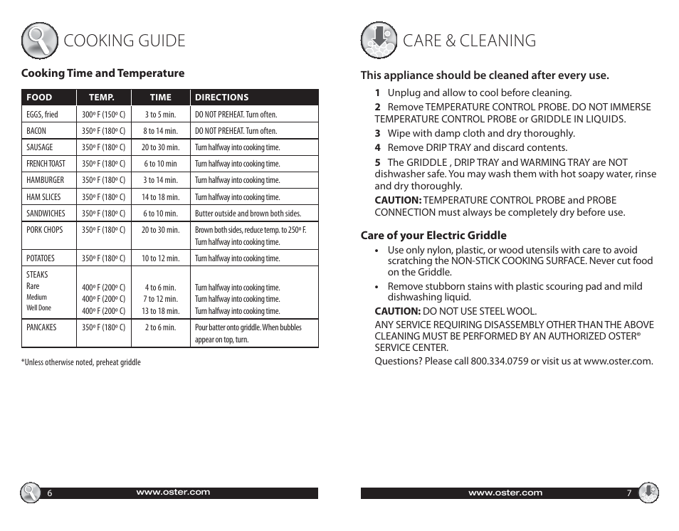 Cooking guide, Care & cleaning | Oster Electric with Warming Tray 547045 User Manual | Page 4 / 10