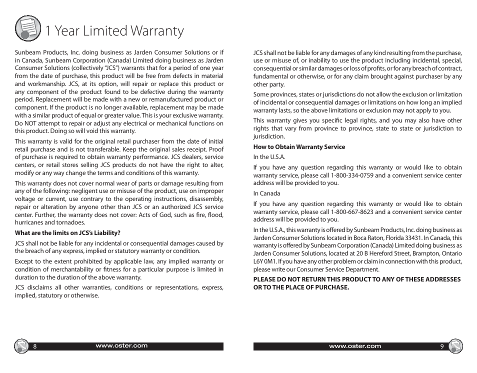 1 year limited warranty | Oster Electric with Warming Tray 547045 User Manual | Page 5 / 10