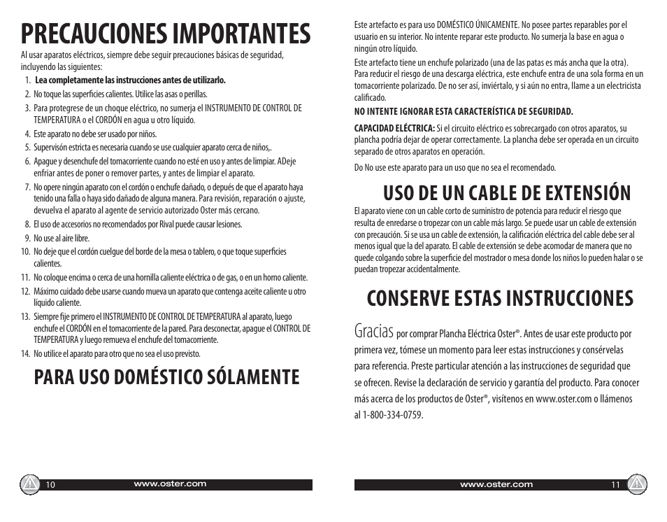 Precauciones importantes, Conserve estas instrucciones, Para uso doméstico sólamente | Uso de un cable de extensión, Gracias | Oster Electric with Warming Tray 547045 User Manual | Page 6 / 10
