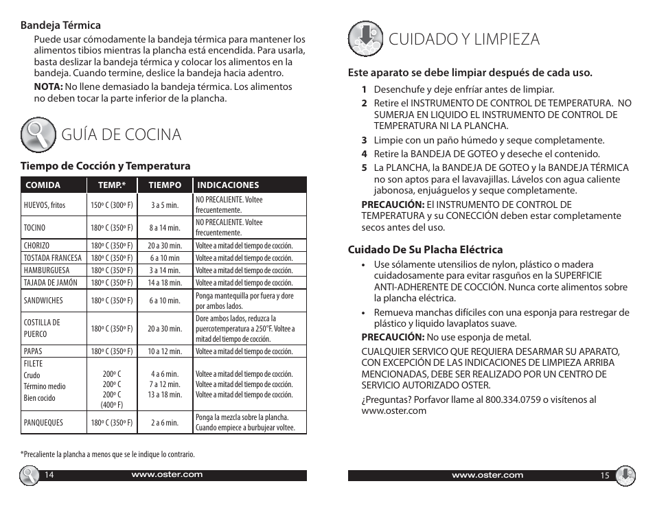 Guía de cocina, Cuidado y limpieza | Oster Electric with Warming Tray 547045 User Manual | Page 8 / 10