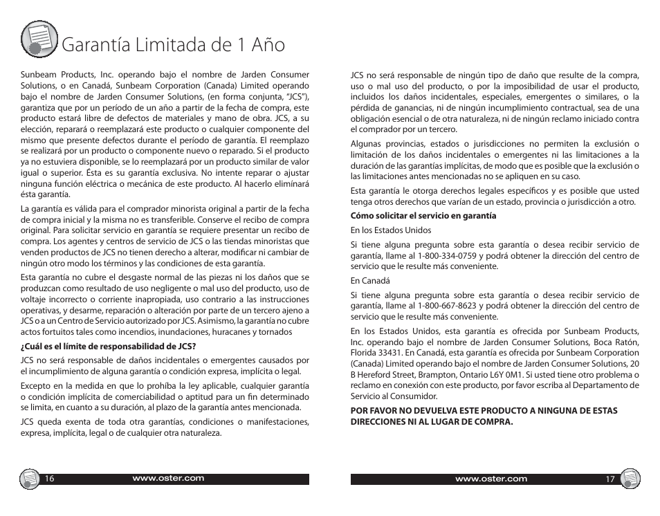 Garantía limitada de 1 año | Oster Electric with Warming Tray 547045 User Manual | Page 9 / 10