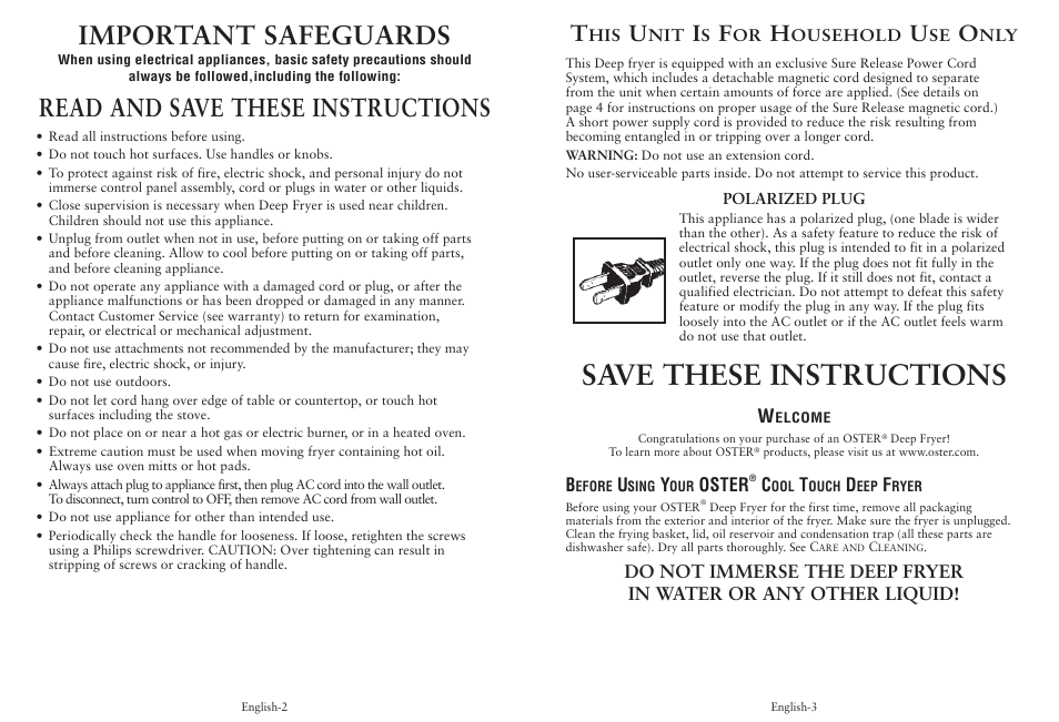 Save these instructions, Important safeguards, Read and save these instructions | Oster CKSTDFFM40 User Manual | Page 2 / 12