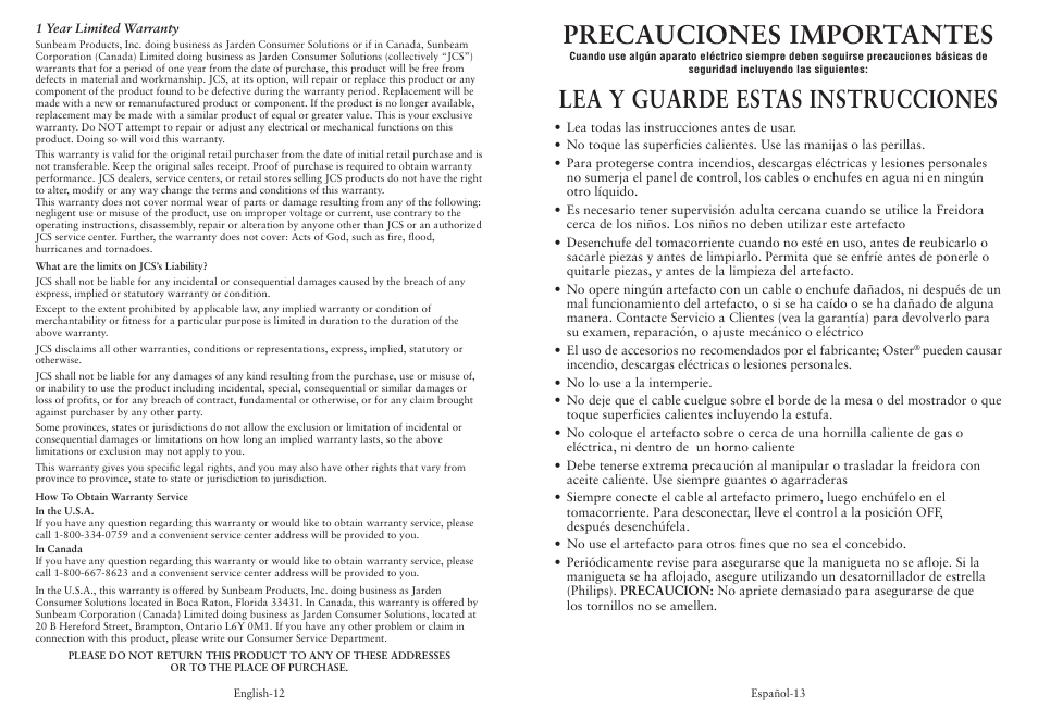 Precauciones importantes, Lea y guarde estas instrucciones | Oster CKSTDFFM40 User Manual | Page 7 / 12