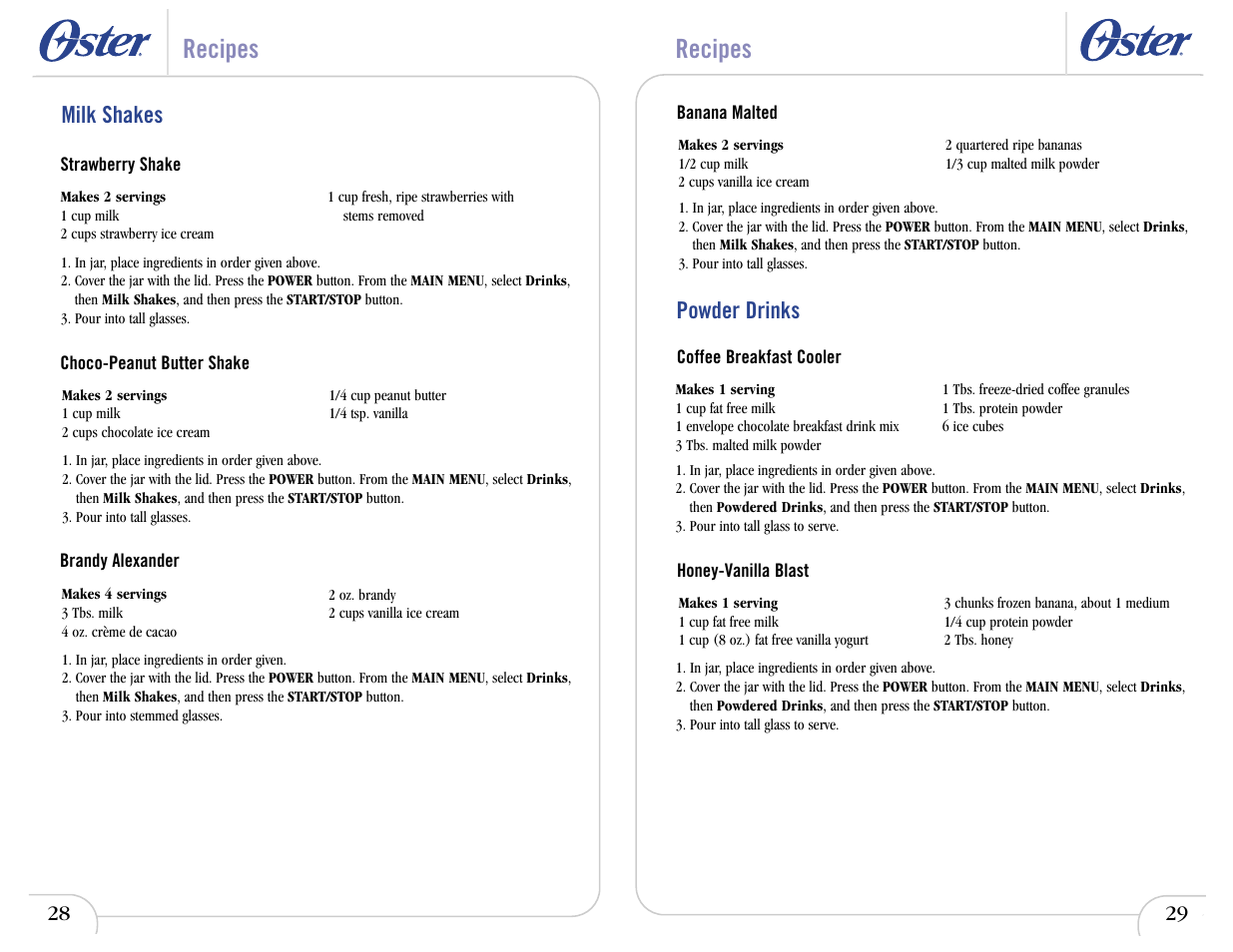 Recipes, Powder drinks, Milk shakes | Oster 6710 User Manual | Page 32 / 52