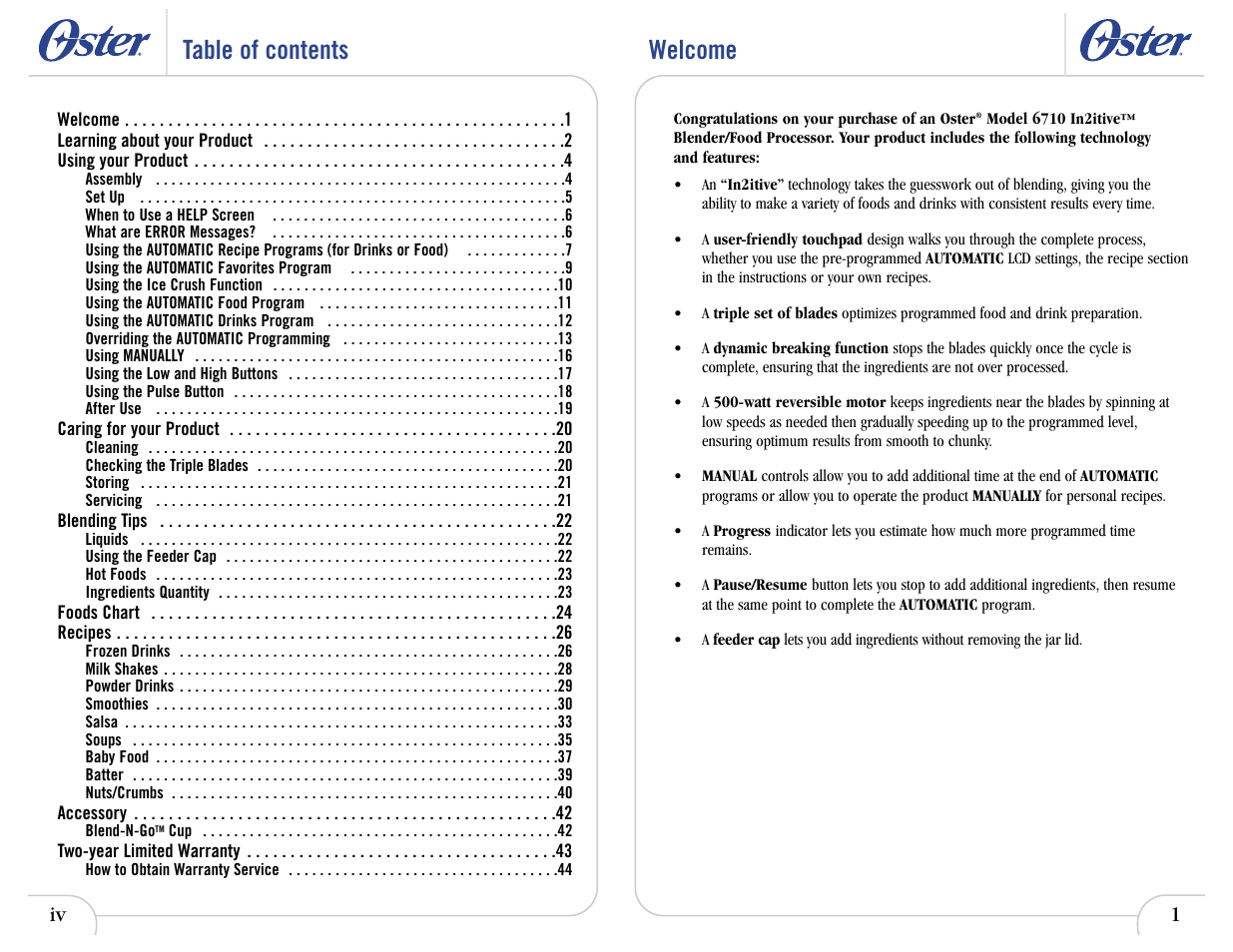 Table of contents welcome | Oster 6710 User Manual | Page 5 / 52