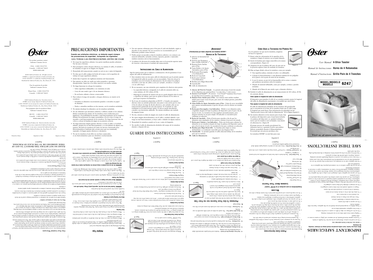 Precauciones importantes, Import ant safeguards, Sa ve these instructions | Guarde estas instrucciones | Oster 6247 User Manual | Page 10 / 10