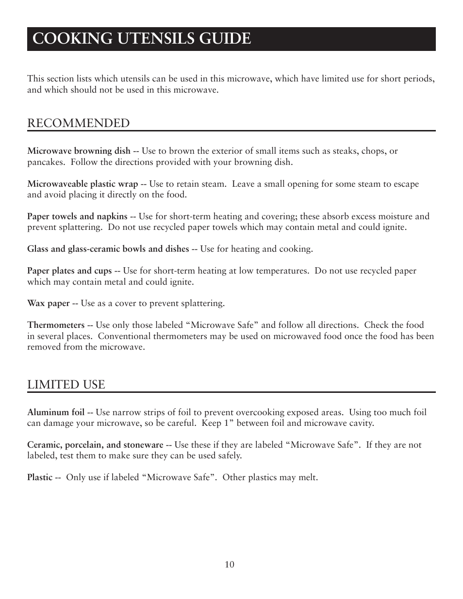 Cooking utensils guide, Recommended, Limited use | Oster OTM1101GBS User Manual | Page 10 / 15