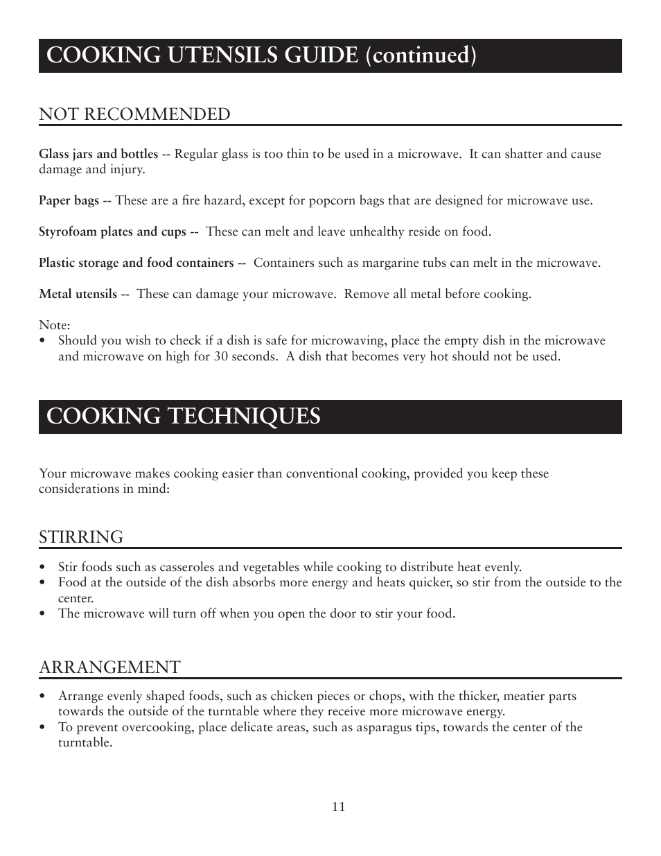 Cooking utensils guide (continued), Cooking techniques, Not recommended | Stirring, Arrangement | Oster OTM1101GBS User Manual | Page 11 / 15