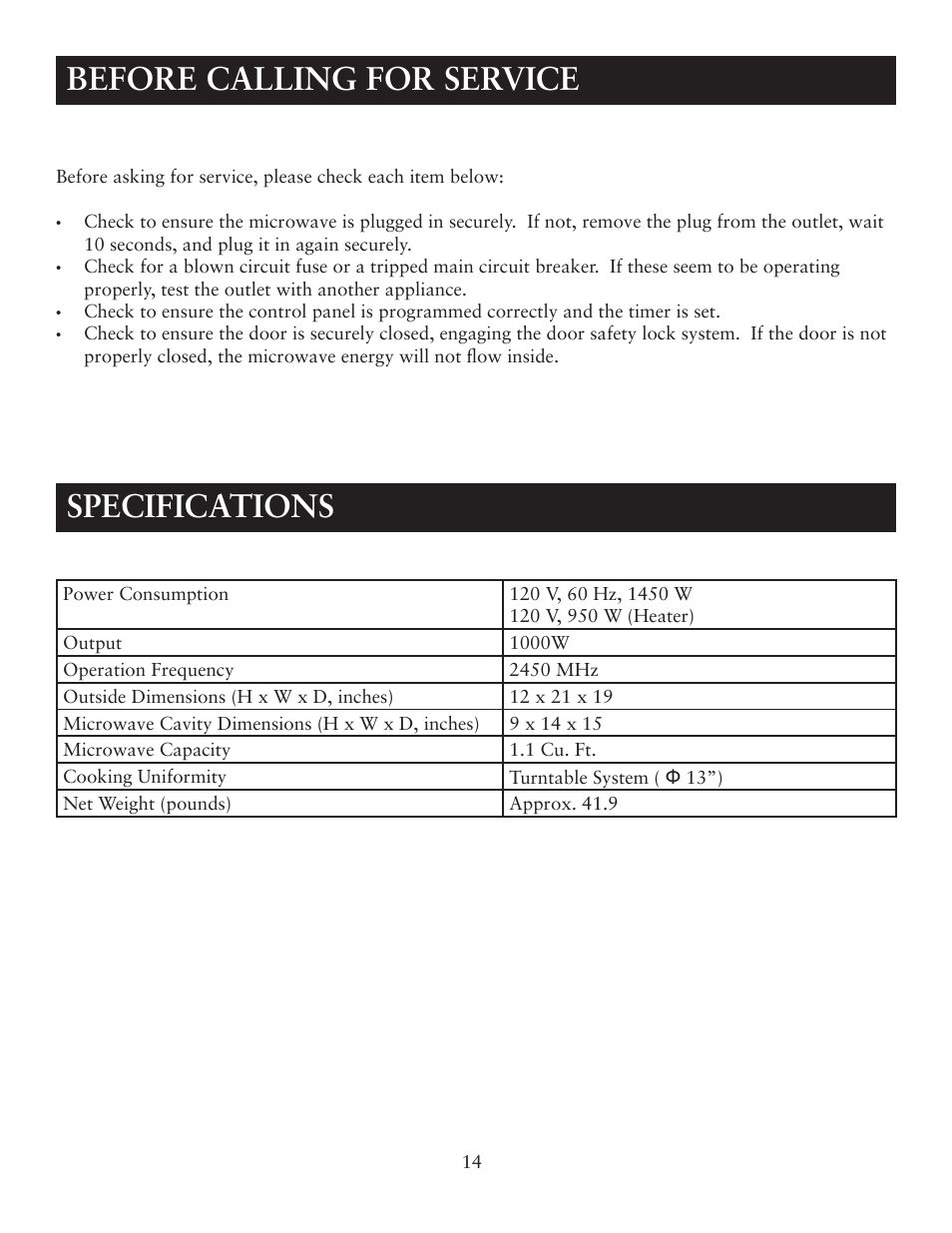 Specifications, Before calling for service | Oster OTM1101GBS User Manual | Page 14 / 15