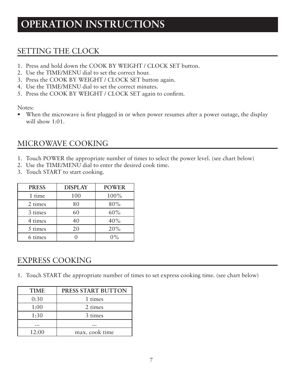 Operation instructions, Setting the clock, Microwave cooking | Express cooking | Oster OTM1101GBS User Manual | Page 7 / 15