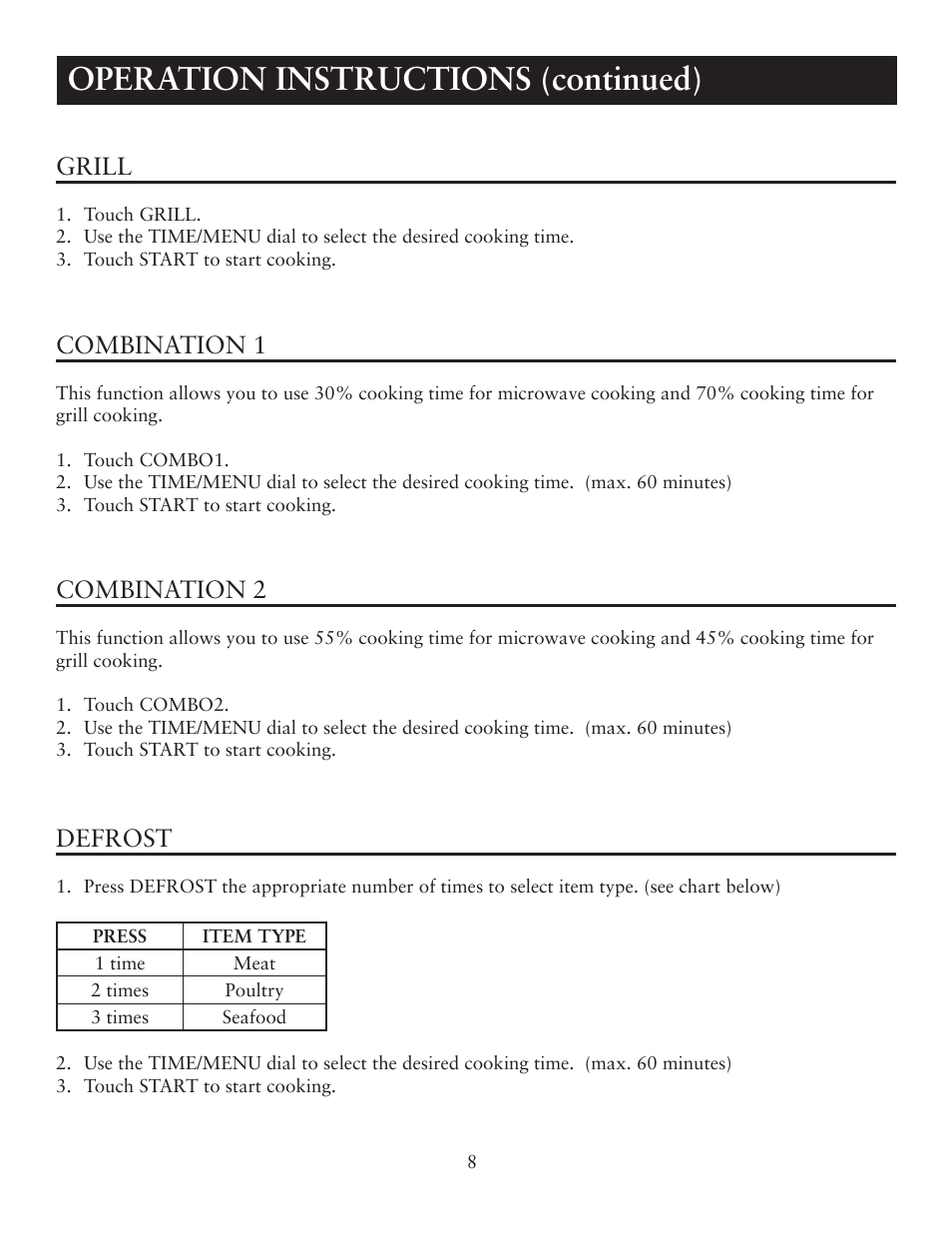 Operation instructions (continued), Grill, Combination 1 | Combination 2, Defrost | Oster OTM1101GBS User Manual | Page 8 / 15