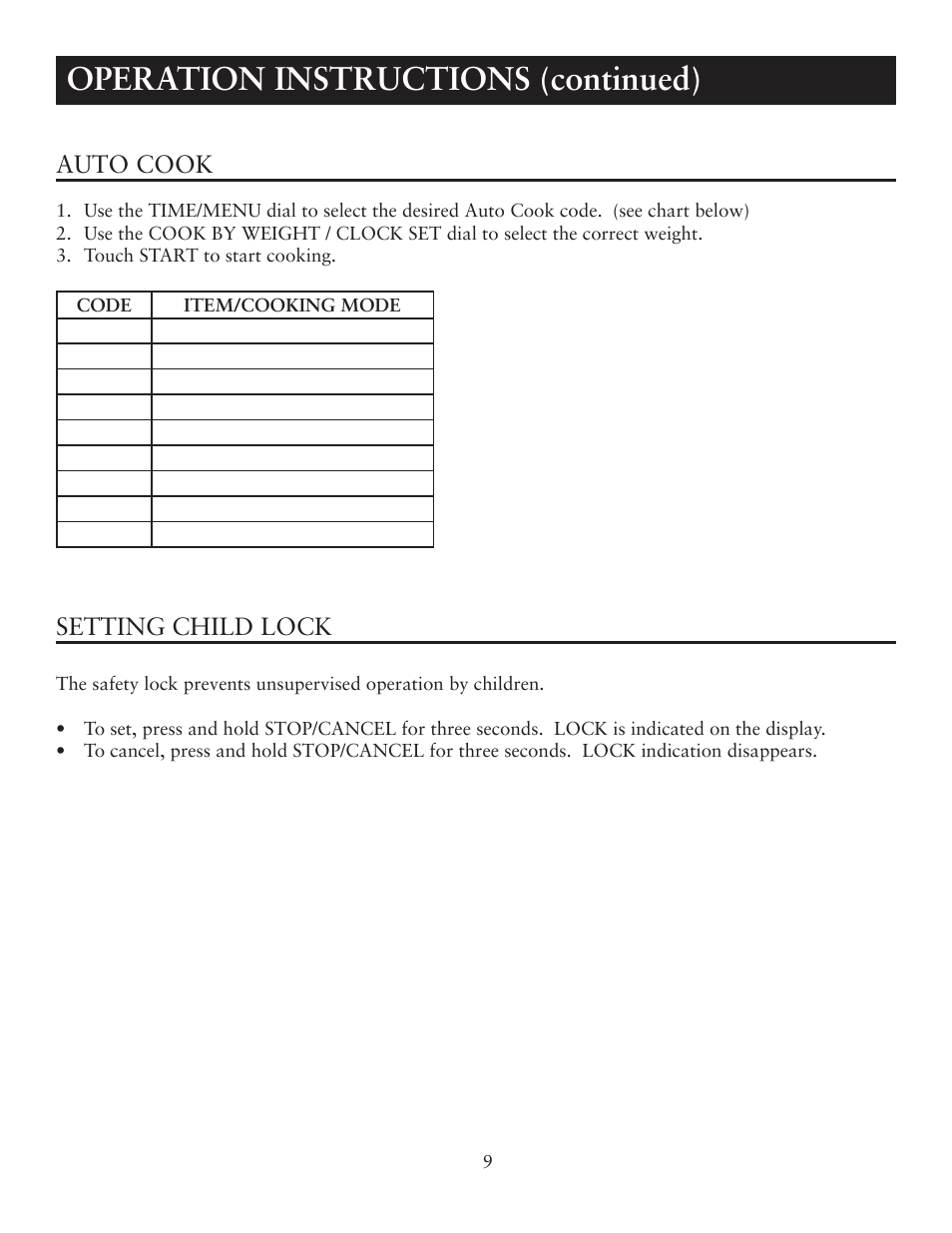 Operation instructions (continued), Setting child lock, Auto cook | Oster OTM1101GBS User Manual | Page 9 / 15