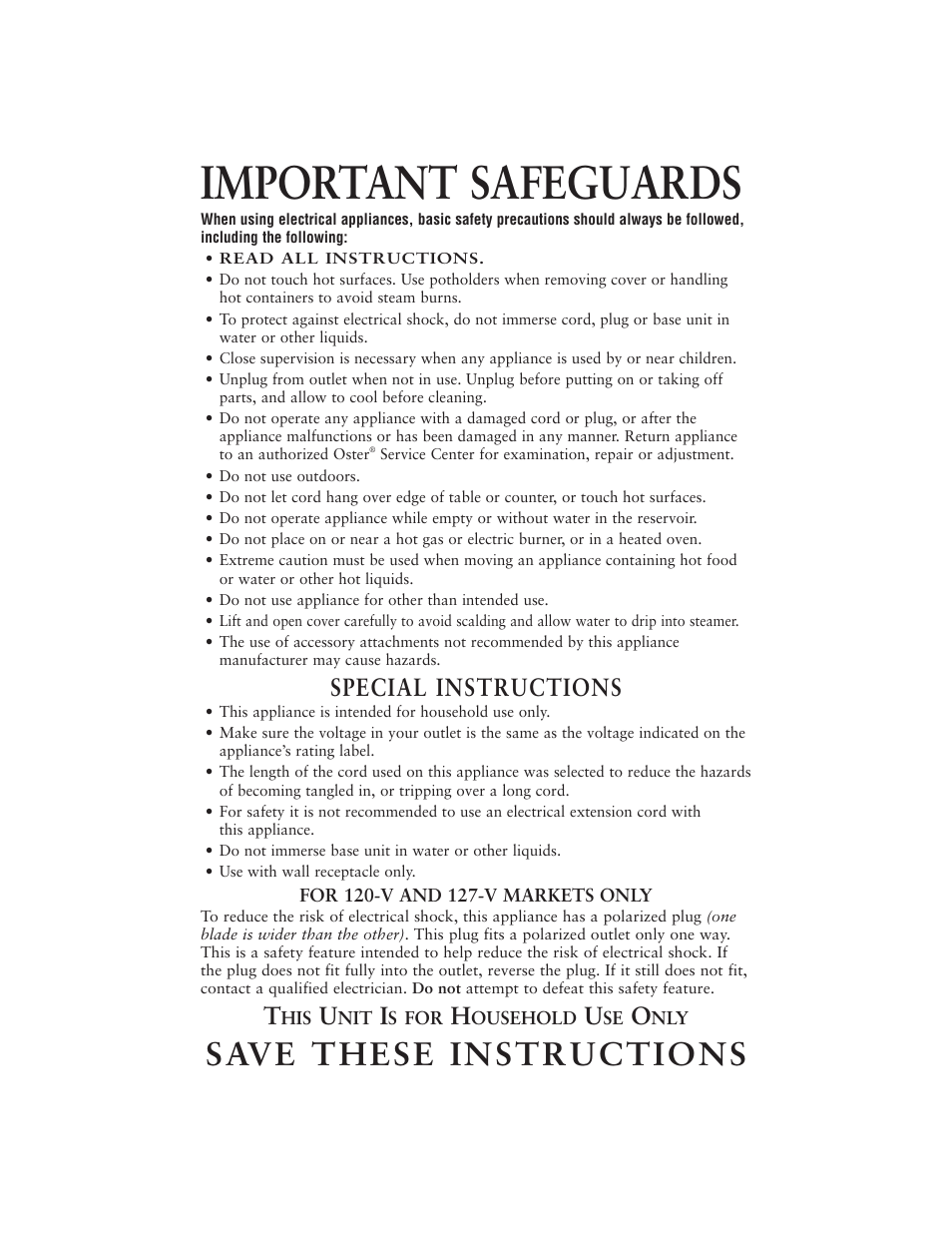 Important safeguards, Save these instructions, Special instructions | Oster 5711 User Manual | Page 2 / 23